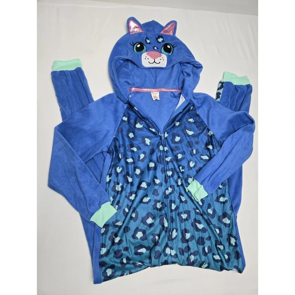 Cat and Jack Pajamas Size Large 10/12 One Piece Spotted Cat Hooded Fleece PJ NEW